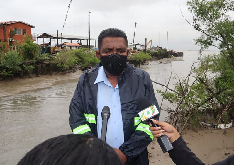 Minister of Agriculture, Zulfikar Mustapha, speaking to media operatives following several visits to a number of pump stations in Georgetown, on Wednesday