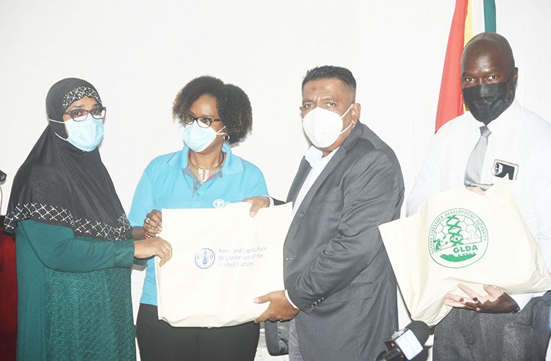 (From left) Livestock farmer, Bibi Waheeda Hamid; FAO’s resident representative, Dr. Gillian Smith; Agriculture Minister Zulfikar Mustapha; and Head of the Guyana Livestock Development Authority (GLDA) Dwight Walrond at the handing over and launch ceremony of FAO’s emergency flood-response project