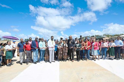 President Dr. Irfaan Ali was joined by Public Works Minister Bishop Juan Edghill; Amerindian Affairs Minister Ms. Sarah Browne; Public Utilities and Aviation Minister Mr. Deodat Indar, and residents to cut the ceremonial ribbon, officially