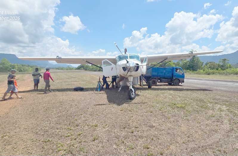 The aircraft after it veered off the Mahdia Airstrip shortly after landing (GPF photos)