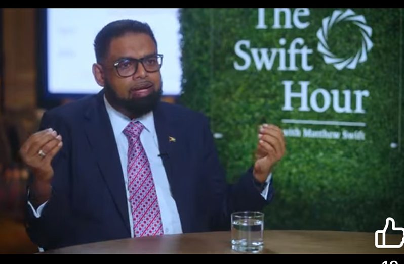 A screen grab of President Dr. Irfaan Ali during his interview on The Swift Hour, which was shared on his official Facebook page last Thursday