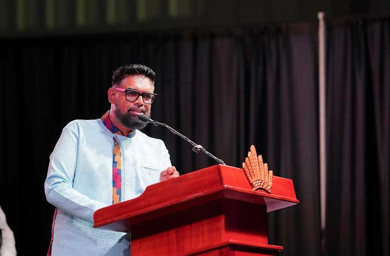 President Dr. Irfaan Ali speaking at the commissioning of the Vreed-en-Hoop Shore Base Inc. (VEHSI) on Saturday evening (Office of the President photo)