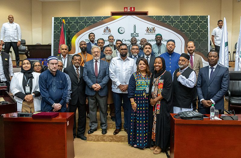 President, Dr. Irfaan Ali; Minster of Foreign Affairs, Hugh Todd; Dr. Mahmud Erol Kilic, Director General of the IRCICA; Dr. Abdullah Hakim Quick, Special Envoy of the IRCICA and others at the Arthur Chung Conference Centre, where the two-day International Symposium on the History and Legacy of Muslims in the Caribbean is being conducted (Delano Williams photo)
