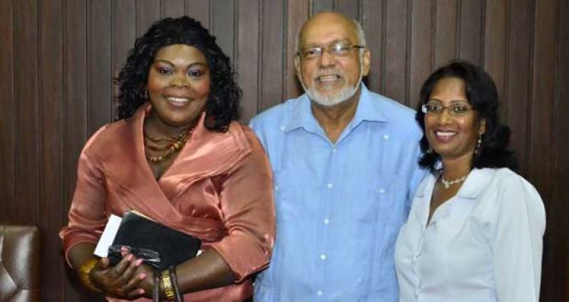 President Donald Ramotar with Pastor Allison Albert and Pastor Carol George of the Jesus Deliverance Mission International Church