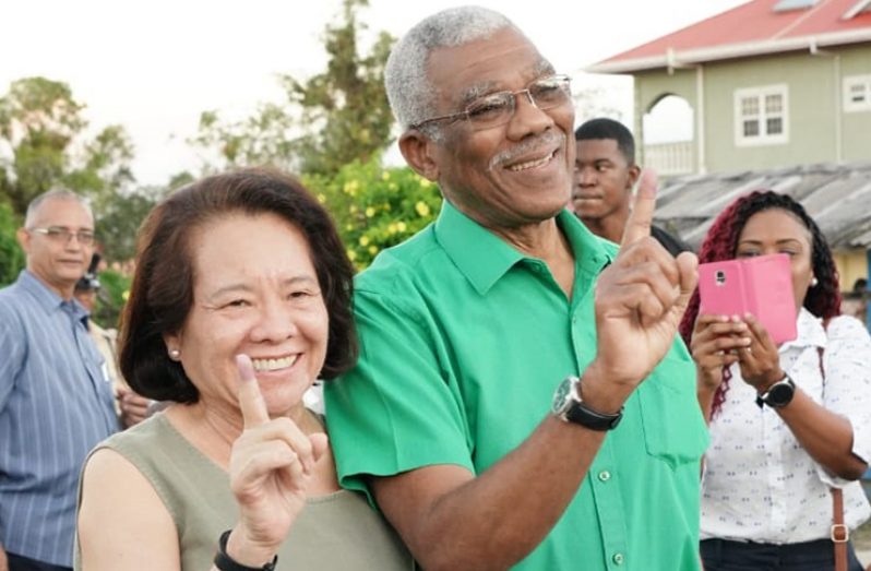 President David Granger and First Lady Mrs Sandra Granger voted early Monday at the Pearl Nursery School