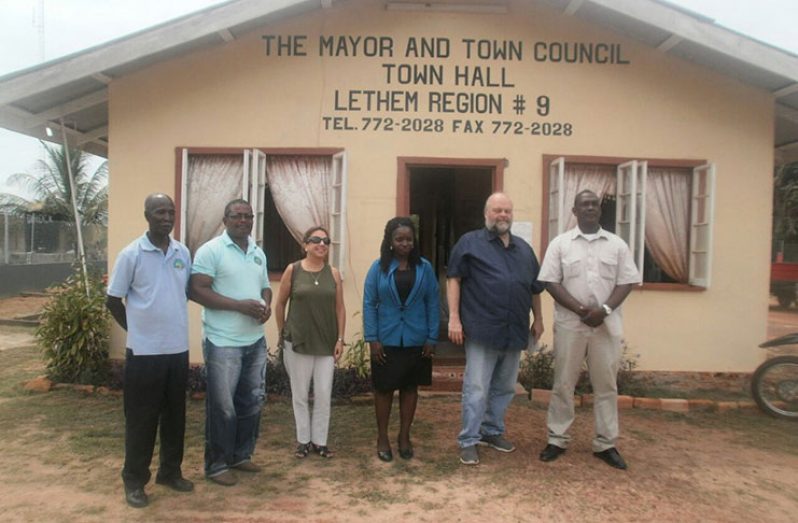 Councillor George Henry; Councillor Ahren Laundry; the ambassador’s wife, Rosaura Holloway; Town Clerk, Keisha Vincent; U.S. Ambassador, Perry Holloway and Mayor of Lethem, Carlton Beckles after the meeting on Friday