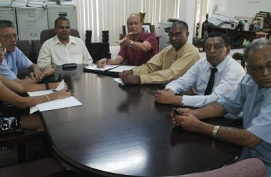 In this Sonell Nelson photo, Minister of Sport Dr Frank Anthony (third left) addresses members of the media shortly before members of the GHRA and the National Sports Commission (NSC) met with TTRA’s David Loregnard (third from right) to discuss the way forward. Others in photo are from left, NSC vice-chairman Vidushi Persdaud, NSC chairman Conrad plummer, GHRA president Vickram Oditt, GHRA’s Legal Adviser Rajendra Poonai and Director of Sport Neil Kumar.