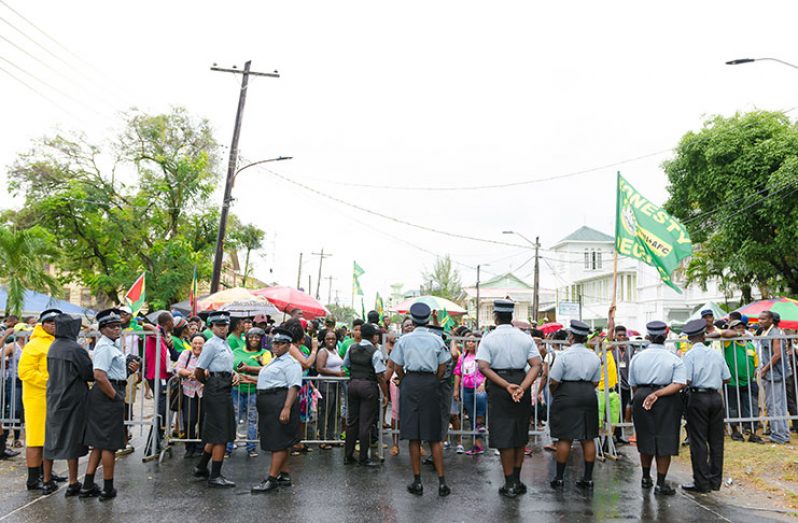 Supporters of APNU+AFC gathered outside of the Guyana Elections Commission (GECOM) Tabulation Centre as they anxiously await the official declaration for the Region Four statements of poll