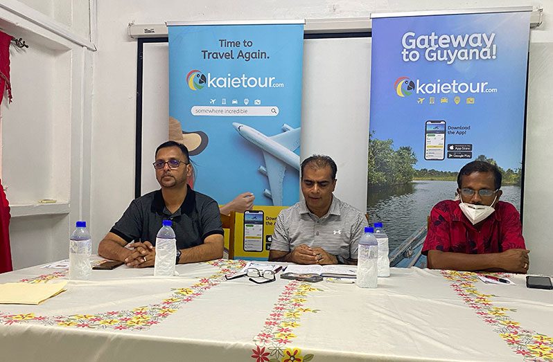 From left to right: Chief Executive Officer (CEO) of the Indigenous People’s Commission, Neil Bacchus; founder of the Kaieteur app, Salaudeen Nausrudeen and Regional Vice-Chairman, Humace Oodit
