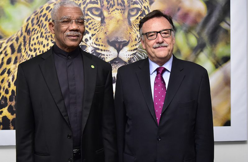 President David Granger and outgoing Argentine Ambassador, Mr Luis Alberto Martino at State House