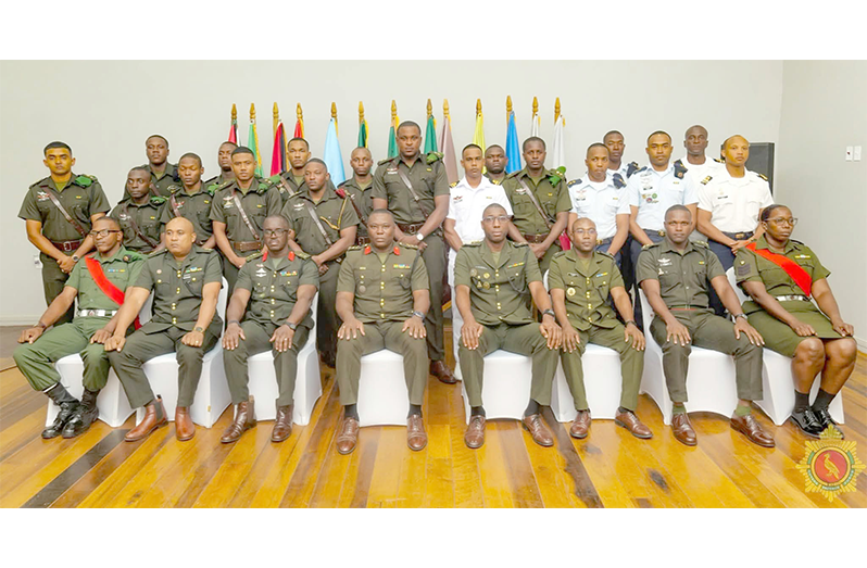 Officers who participated in the 12-week Guyana Defence Force’s Junior Command and Staff Course Number Thirty-Four (JCSC #34) and senior military personnel