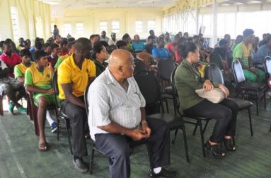 A section of the audience which attended yesterday’s briefing on the soon-to-be-implemented franchise system for regional cricket, organised by the Guyana Cricket Board and held at the Everest Cricket Club pavilion.