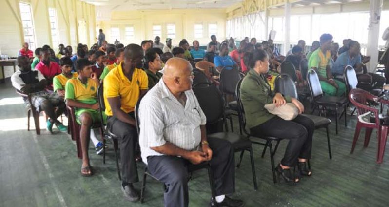 A section of the audience which attended yesterday’s briefing on the soon-to-be-implemented franchise system for regional cricket, organised by the Guyana Cricket Board and held at the Everest Cricket Club pavilion.
