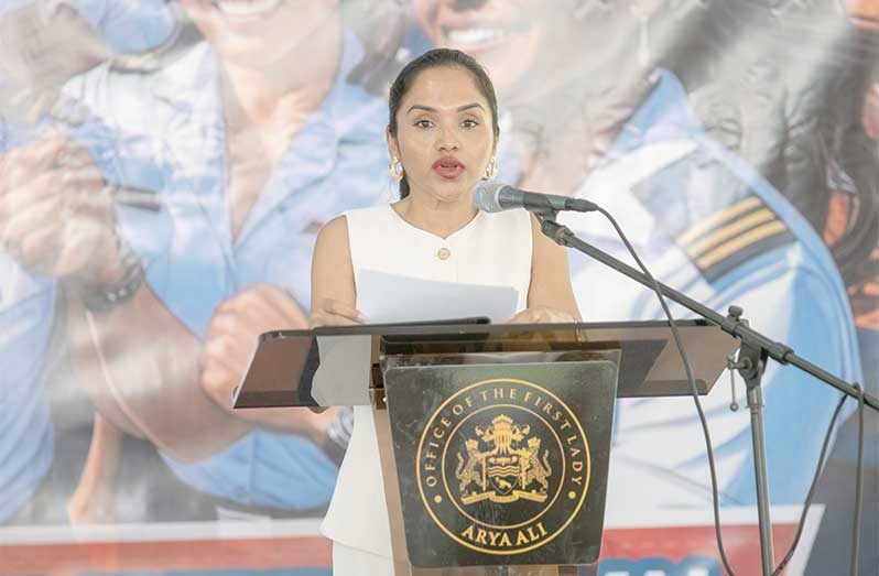 First Lady Arya Ali delivers the feature address at the scholarship award ceremony, on Monday