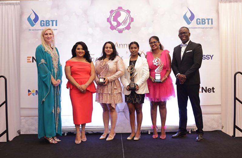 From left to right: US Ambassador to Guyana, Nicole Theriot; First Lady, Arya Ali; Upasna Mudlier of Denmor Garments; Shamela John of RESYSCO; Evie Kanhai-Gurchuran of Gurchuran Investments and Deputy Secretary-General, CARICOM, Dr. Armstrong Alexis (WCCIG photos)