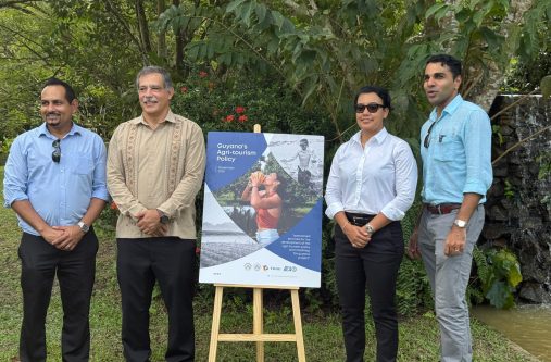 From left to right: President of the Tourism and Hospitality Association of Guyana (THAG), Mitra Ramkumar, IICA's Country Representative Wilmot Garnett, Minister of Tourism, Industry and Commerce Susan Rodrigues and Vilas Gobin of Gobin’s Farm