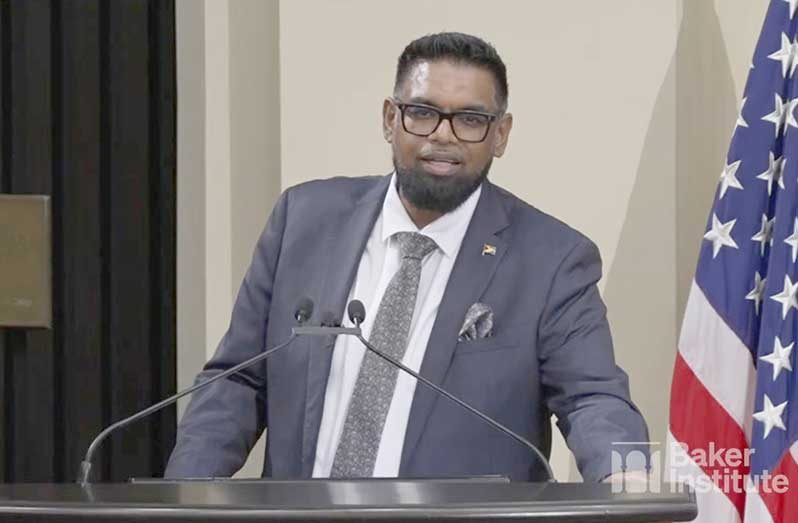 President Dr Irfaan Ali speaking at the Baker Institute’s Center for Energy Studies conversation series at Rice University in Houston, Texas