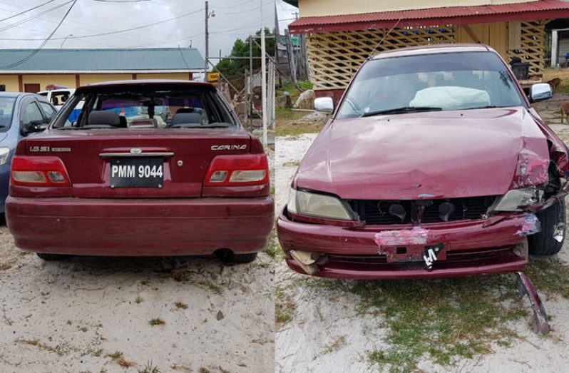 The front and rear of the stolen vehicle which is now impounded at the Mahaicony Police Station