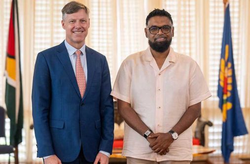 World Bank Division Director for the Caribbean Achim Fock and President Dr Irfaan Ali following a Wednesday meeting at State House.