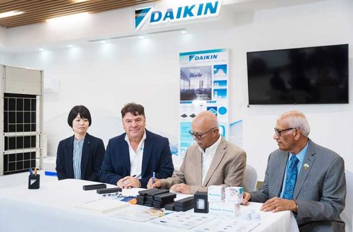 From left to right: Daikin representatives Ms. Yuko Yoshino and Mr. Gustavo Perez; Mr. Clifford Reis, Chairman of Banks Automotive Services Inc., and Mr. Shabir Hussein, Director of Banks Automotive and Services Inc. (Banks DIH photo)