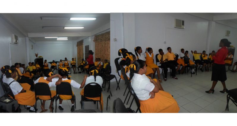 Students of Baramita School being briefed on self-esteem and hygiene at the Ocean View Hotel, yesterday