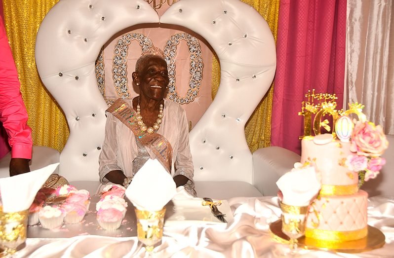 The newest centenarian was all smiles at her birthday celebration (Adrian Narine photo)