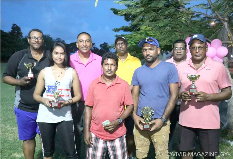 WINNERS ROW! from left: Adrian Barrow, standing in for Ryan Gonsalves; Shez Andrews; GGA president, Aleem Hussain; Tournament Winner, Mike Mangal;  Yogendra Arjune; Robin Tiwari,  Rudy Ramalingum and Aasroodeen Shaw.