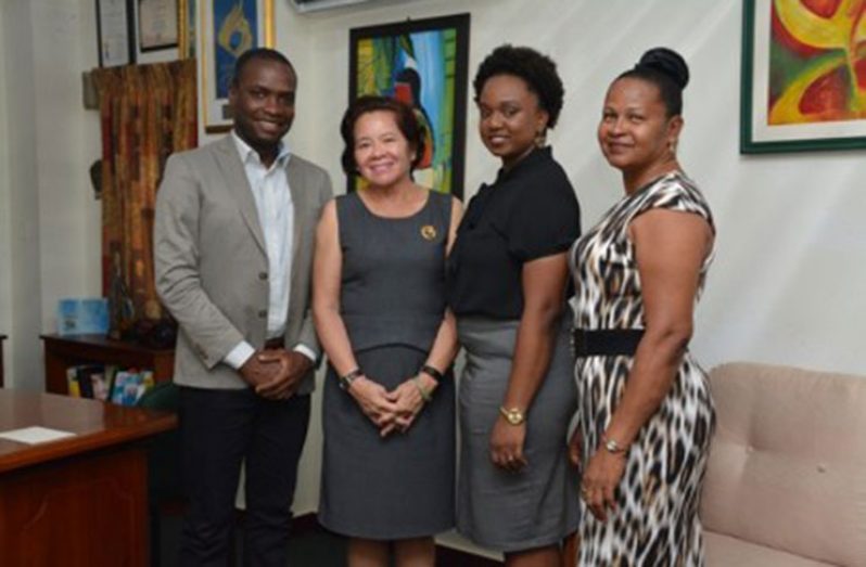 First Lady, Mrs. Sandra Granger met with Bartica, Cuyuni-Mazaruni Mayor, Mr. Gifford Marshall (first, left), Councillor, Ms. Carmel Williams and Town Clerk, Ms. Phebe Wallerson (first and second from right)