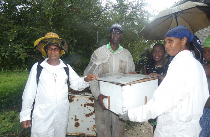 Minister Valarie Yearwood, handing over a beehive to a bee farmer Myrtle Gentle