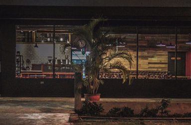 An exterior view of the café at night