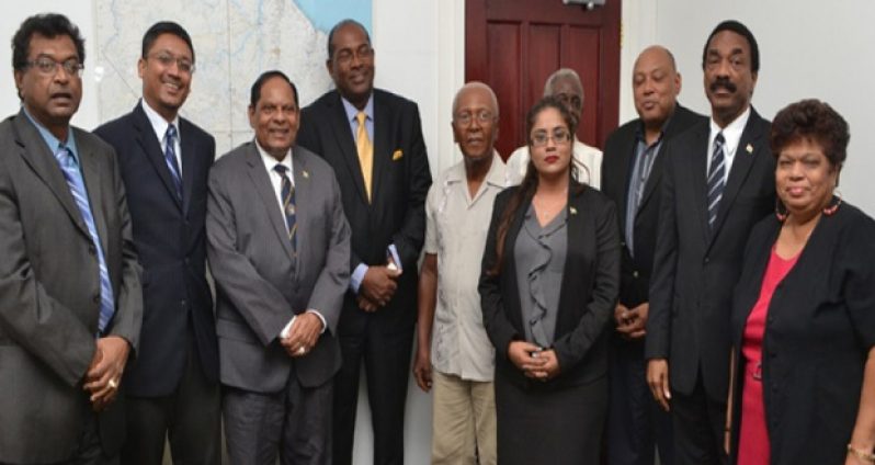 Prime Minister Moses Nagamootoo with members of the Steering Committee on Constitutional Reform. Also in photo are Minister of Public Security Khemraj Ramjattan, Minister of Governance Raphael Trotman and Minister of Social Cohesion Amna Ally