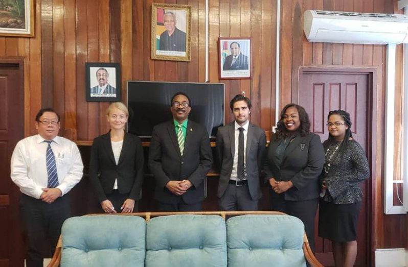 Left to right: Chief Parliamentary Counsel, Charles Fung-a-Fat SC CCH; UNODC Representative, Tanja Santucci; Attorney General and Minister of Legal Affairs, Basil Williams SC MP; UNODC Representative, Felipe Freitas Falconi; Parliamentary Counsel, Diane Woolford; and Attorney, Tevera Franklin 