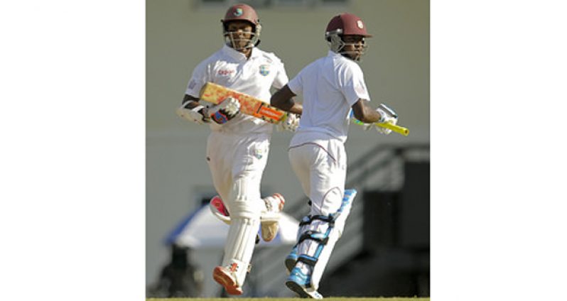 Shivnarine Chanderpaul and Jermaine Blackwood achieve 100-partnership during day 3 of the 2nd Test between  West Indies and Bangladesh at Beausejour Cricket Ground, Gros Islet, St Lucia, yesterday. (WICB Media Photo/Randy Brooks)