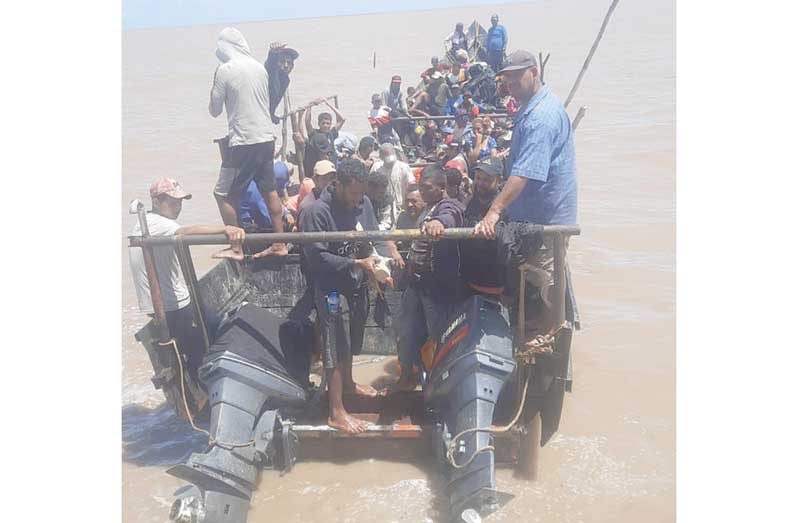 The boat with the 75 Venezuelan nationals who entered Guyana’s waters and failed to report to immigration officials. They were given supplies and sent back their homeland on Tuesday, the day after their arrival (GPF photo)