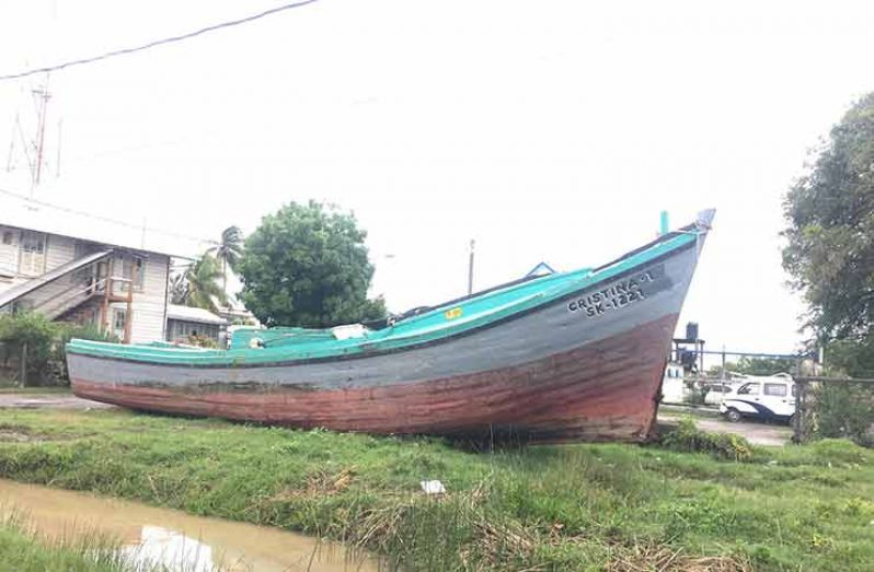 The boat, allegedly used by ‘Sinbad’ to travel back to Guyana, is at the Whim Police Station under armed police guard