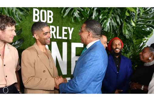 Jamaica’s Prime Minister, Andrew Holness (second left), greets Kingsley Ben-Adir, lead in the Bob Marley: One Love movie at the worldwide premiere, at Carib cinema. The legend’s son Ziggy and Minister of Entertainment and Culture, Olivia Grange, share a moment in the background (Garfield Robinson/Jamaica Observer photo)