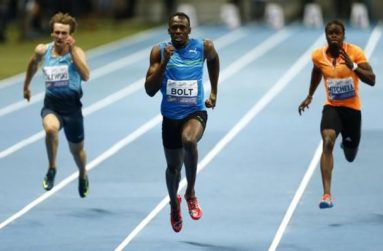 Usain Bolt of Jamaica (C), Poland's Karol Zalewski (L) and Sheldon Mitchell of Jamaica compete in the men's 100m race during the fifth Athletic Memorial, a tribute to deceased Olympic Champion Kamila Skolimowska, at the National Stadium in Warsaw, yesterday. (Credit: Reuters/Kacper Pempel)