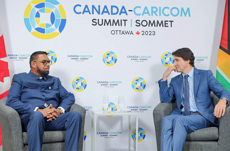 President, Dr Irfaan Ali and Canadian Prime Minister, Justin Trudeau during the bilateral discussions held on the sidelines of the Canada-CARICOM summit on Thursday (Office of the President photo)