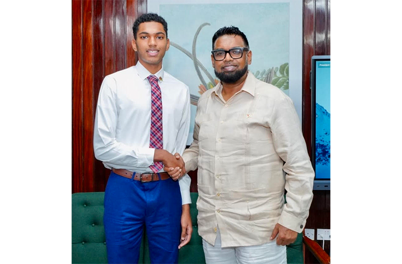 Brandon Willabus meets President Irfaan Ali. (Picture courtesy Office of the President).