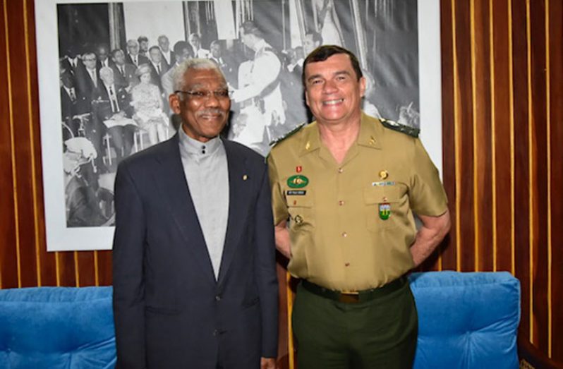 President David Granger with General Paulo Sergio Nogueira De Oliveira of the Brazilian Army at the Ministry of the Presidency