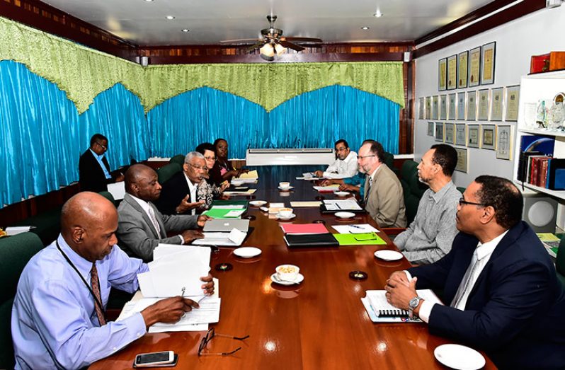 CARICOM Chairman, President David Granger of Guyana (3rd left) and his team, including Foreign Minister Mr. Carl Greenidge (2nd left) met on Friday with CARICOM Secretary-General Ambassador Irwin LaRocque (3rd right) and his team from the CARICOM Secretariat ahead of today’s 28th Inter-Sessional Meeting of CARICOM Heads of Government to be held at the Marriott Hotel, Georgetown, Guyana. 
Others in the photo are (from left): Mr. Ivan Evelyn, Head of Protocol Ministry of Foreign Affairs, Guyana; Ms Audrey Waddle, Director of Foreign Affairs, Guyana; Ms Sharlene Phoenix, Ministry of Foreign Affairs, Guyana; Mr. Neville Bissember, Adviser, Office of the Secretary-General; Charmaine Atkinson-Jordan, Chef-de-Cabinet, Office of the Secretary-General; Ambassador Colin Granderson, Assistant Secretary-General, Foreign and Community Relations, CARICOM Secretariat; and Mr. Joseph Cox, Assistant Secretary-General, Trade and Economic Integration, CARICOM Secretariat.