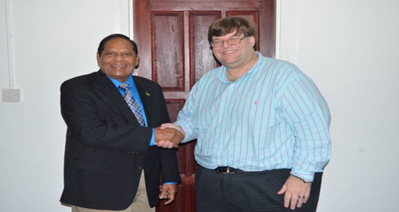 Prime Minister Moses Nagamootoo and United States Embassy Charge´ d´ Affaires Bryan Hunt after their meeting