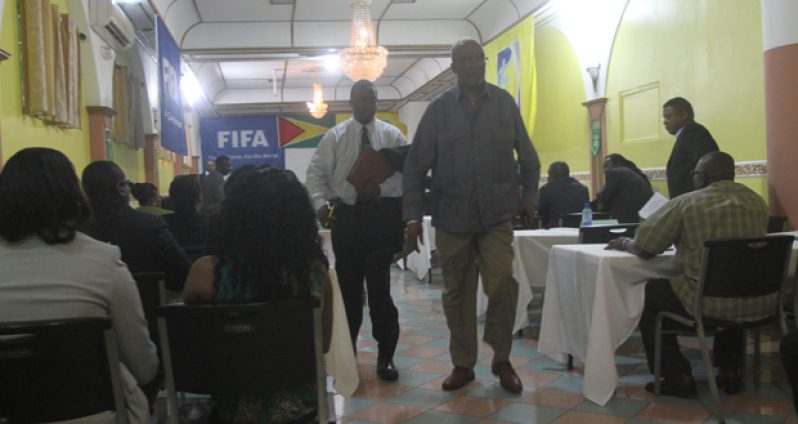 Georgetown Football Association’s General Secretary Odinga Lumumba is caught by photographer Sonell Nelson walking out of the reconvened aborted GFF ordinary Congress which was held yesterday at the Regency Suites/Hotel, Hadfield Street.