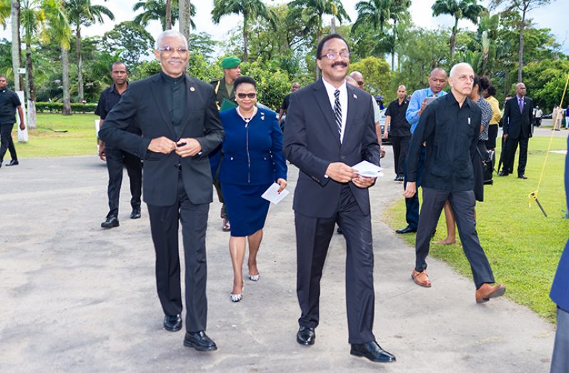 President David Granger being escorted by PNCR Chairman, Basil Williams, Vice Chairperson, Volda Lawrence and Treasurer, Ronald Bulkan (Delano Williams photo)