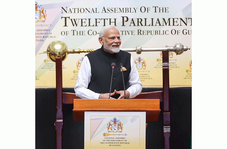 India’s Prime Minister Nahendra Modi during his address to Guyana’s National Assembly (Nahendra Modi/Facebook)