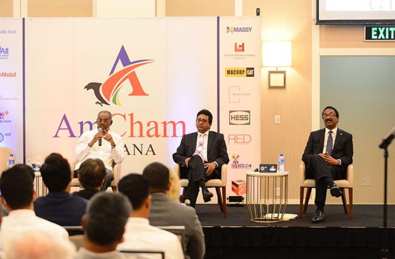 From left: Senior Counsel Ralph Ramkarran; PPP, MP, Anil Nandlall; and Attorney-General, Basil Williams during the panel discussions (Samuel Maugn photo)