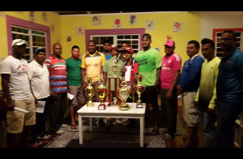 Captains at the launching of the South Essequibo T20 competitionl; at right is Chairman of the South Essequibo Cricket Committee Andy Ramnarine.