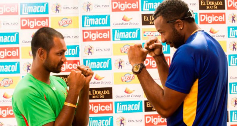 Guyana Amazon Warriors captain Denesh Ramdin (left) and Barbados Tridents skipper Kieron Pollard, say they mean business ahead of today’s CPL final.
