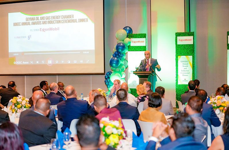 Vice-President Dr. Bharrat Jagdeo delivering remarks at the Guyana Oil and Gas Energy Chamber’s Annual Awards and Induction Ceremonial Dinner (DPI photo)