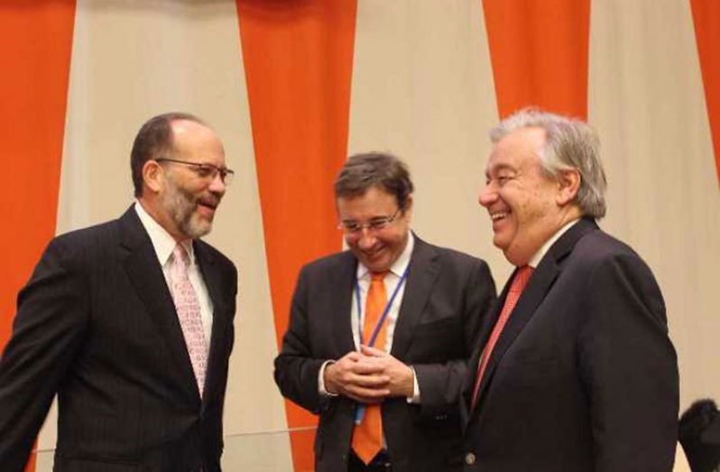 (l-r) CARICOM Secretary-General Ambassador Irwin LaRocque, Head of UNDP Achim Steiner and UN Secretary-General, Antonio Guterres